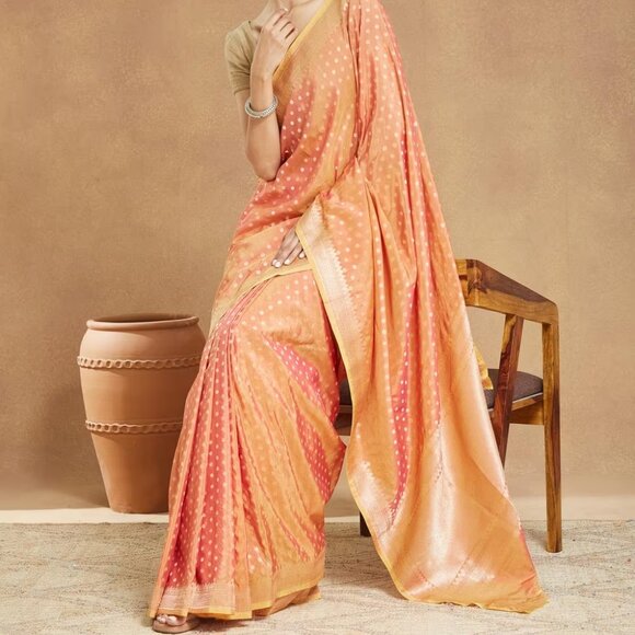 Fabindia - Orange Viscose Blend Banarsi Sari - Picture 1 of 7